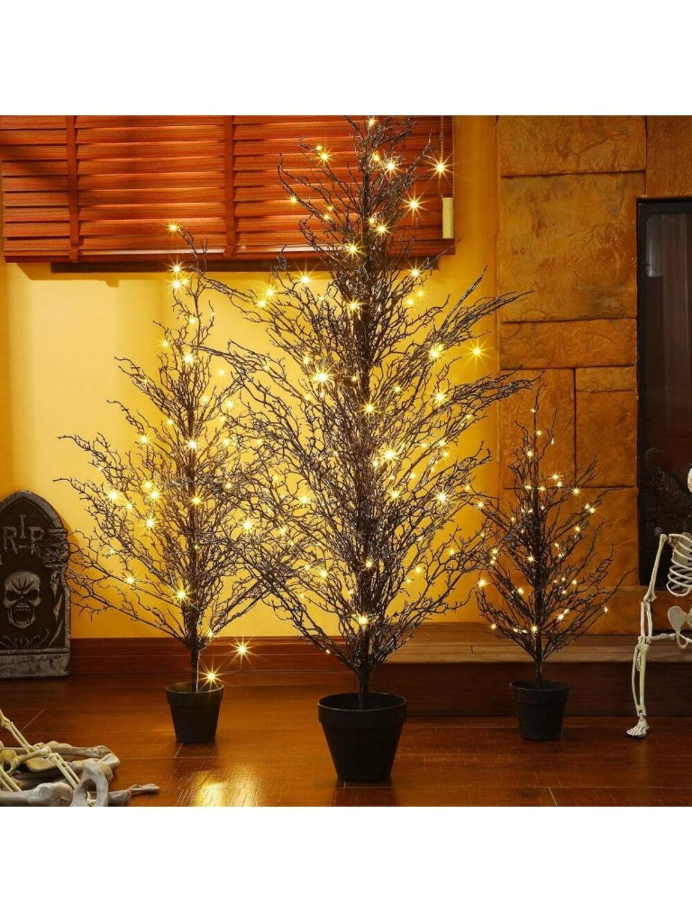 Set of 3 Pre-Lit Black Halloween Trees - 4FT, 3FT, 2FT Outdoor Porch Decor
